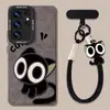 Capa de Celular Gatinho Preto com Cordão para Samsung s26ultra Silicone s25/24plus Nova s22 Capa Macia
