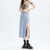Saia jeans com fenda para mulheres, novo estilo coreano de verão, cintura alta, solta, modeladora, evasê, versátil, justa ao corpo, saia de comprimento médio
