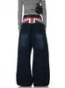 Jeans reto com estampa de bandeira patchwork lavada e desgastada estilo de rua americano, calças vintage largas e soltas estilo retrô masculinas
