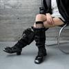 Botas Femininas com Pelo Removível, Forro em Couro Dividido de Vaca, Couro Genuíno, Salto Grosso, Tira, Laço, Botas Arrumadas Multiestilo