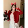 Cardigã de tricô vermelho para mulheres, perfeito para looks de outono e inverno, com um elegante design bordado, criando um visual sofisticado e estiloso