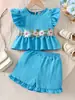 Conjunto de Dos Piezas para Niña de Nuevo Estilo Europeo y Americano Transfronterizo para Verano, Top Bordado Floral con Mangas Volantes y Shorts, Disponible en Stock