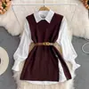 Camisa Branca de Manga Lanterna de Primavera Roupas Femininas Rejuvenescedora Doce Solta Cobertura de Carne Conjunto de Duas Peças Empilhado Suéter