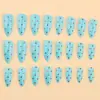 Adesivos de Unha Longos Formato Amêndoa com Bolinhas Tiffany Blue, Unhas Postiças Removíveis, Estilo Fresco e Moderno