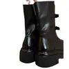 [Dos Versiones] Hebilla de Cinturón de Moda del Mismo Estilo que Mamá Uva Botas de Punta Redonda con Suela Gruesa Botas Cortas Versátiles Botas de Jinete