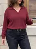 2026 Camisa de Tricô Listrada Canelada Casual de Manga Longa com Gola Polo Feminina Plus Size Europeia e Americana Transfronteiriça para Primavera e Outono