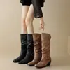 Botas de Cuero para Mujer Talla 34-43, Botas Martin de Color Sólido con Punta Redonda, Botas de Caña Alta con Tacón Alto de Goma Antideslizante Versátiles para Mujer