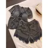 5024 Conjunto de Renda Cinza Escuro Estilo Verão Puro Desejo Pijama de Celebridade da Internet para Mulheres Manga Curta Shorts Acabamento em Renda Roupa de Casa Oficial