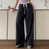 Pantalones Rectos Casuales Simples de Combinar con Todo para Mujer con Correa Rayada, Puntadas de Color Contrastante, Diseño de Cintura con Sentido