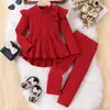 Ropa Infantil Transfronteriza Europea y Americana Conjunto de Niña Traje Rojo con Lazo de Canalé Top de Mangas Volantes Conjunto de Pantalones Largos Casuales Conjunto de Dos Piezas