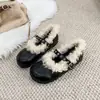 Zapatos Mary Jane de Piel Artificial Franceses con Punta Dividida para Mujer Nuevos Otoño/Invierno Felpa Adicional Slip-On Suela Blanda Zapatos Pequeños de Cuero