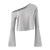 Estilo de garota sexy puramente atraente, camiseta de manga longa ombro a ombro, roupas femininas de verão, novo top cropped sexy 2026, top estilo ins