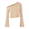 Camiseta Asimétrica de Hombro en Lyocell para Mujer, Otoño 2026, Tendencia Irregular Off-Shoulder Holgada Corta Cropped Manga Larga