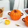 Tazón de sopa de cerámica con tapa tazón de sopa de calabaza creativo tazón de sopa para servir en casa cuenco grande para sopa tazón para fideos de doble asa tazón para fideos de arroz de caracol especial