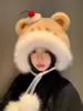 Lindo Gorro de Felpa de Oso, Bufanda para el Cuello y Guantes Todo en Uno para Mujer en Invierno, Ciclismo a Prueba de Frío, Resistente al Viento, Cálido y Gorro Protector de Orejas, a la Moda