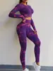 Ropa de yoga tie-dye europea y americana para otoño e invierno, pantalones deportivos ajustados para levantar glúteos, traje de yoga transpirable de manga larga para exteriores, para mujer