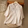 Nueva Camisa de Algodón y Lino Bordada Retro China para Mujer Verano Nueva Artística Manga de Cinco Puntos Delgada Transpirable Top