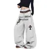 Pantalones de chándal retro americanos con estampado de leopardo, retazos, plisados, curvos, para hombre, con diseño de letras, ajuste holgado, pantalones de pierna ancha fluidos, marca de moda