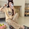 Pijama Su Xixi Estampado de Leopardo Lindo Gato Kt Porcelana de Hielo Algodón Puro para Mujer, Mangas Cortas, Pantalones, Ropa Exterior de Dibujos Animados, Conjunto de Ropa para el Hogar