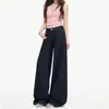 Pantalones vaqueros de diseño con etiqueta rosa de color contrastante para mujer, estilo americano nuevo, de cintura baja, talla grande, holgados, con caída, versátiles, adelgazantes, de pierna ancha