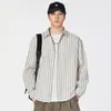 Camisa Seersucker Listrada Estilo Japonês para Homens, Novo Design de Primavera com Estilo Vintage Relaxado, Manga Longa com Ombro Normal, Tendência