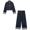 Conjunto de Jaqueta Jeans Retrô Feminina Trafza Jaqueta de Lapela de Botão Único Manga Longa Jeans de Cintura Alta Wide-Leg