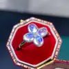 Anillo de Trébol de Cuatro Hojas Plata de Ley Diamante Piedra Lunar Azul Natural Anillo para Mujer Apertura Piedra Principal 4x5mm Regalo de Cumpleaños