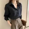 1688 Primavera Novo Estilo Coreano Cor Pura Design Leve e Maduro Manga Longa Camisa Base Camada Camisa Feminina Poli