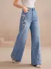 Calça jeans de perna larga bordada com flores, cintura média, europeia e americana, de lavagem clara, jeans solto bordado com flores
