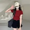 Camiseta de manga corta con cuello en U y hombros descubiertos para mujer, prenda exterior de verano nueva, algodón puro elástico, corte ajustado, versátil, básica, top T-shirt caliente