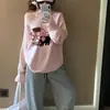 Sudadera Casual Perezosa Chic Japonesa de Hombros Descubiertos y Manga Larga para Mujer, Top Delgado Rosa Versátil de Otoño con Cuello en V
