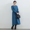 Vestido Lotte Japonês Outono e Inverno Cor Sólida com Forro de Lã Cinto Solto Bolso Casual Gola Redonda Moletom Vestido Longo Transfronteiriço