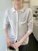 Cardigan Tricotado Elegante para Outono e Inverno, com Gola Polo Redutora de Idade, para Mulheres, com Gola Reversível, Cor Sólida, com Bolsos, Suéter Versátil de Manga Longa Emagrecedor