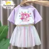 Adorable y Lindo Conjunto de Vestido de Malla de Manga Corta con Estampado para Niñas, Camiseta y Falda Corta para Verano 7