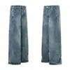 1092 Estilo de calle americano unisex de alta gama diseño vintage lavado con patrón de bambú jeans rectos holgados para hombre