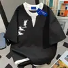Camiseta Casual de Verano 2026 Falsa de Dos Piezas para Pareja Manga Corta Mujer Gato Divertido Estampado Ins Patchwork Algodón Puro Top Hombre