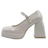 Zapatos Mary Jane Nuevos de Primavera y Otoño para Mujer Tacón Alto Correa Única Retro Tacón Grueso Charol Punta Cuadrada Zapatos Pequeños de Piel Zapatos de Noche para Mujer