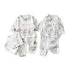 Conjunto de Gaze para Bebê Roupas de Casa para Bebê Manga Longa Top de Fibra de Bambu Calça Roupas de Verão com Ar Condicionado para Crianças Meninos Meninas