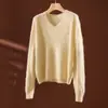 Suéter de lã escovada com decote em V para mulheres 26 Outono/Inverno Novo 90% Lã Merino Caxemira Seda Tricô Sem Costura