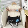 2024 Nuevo Verano Niños Cuello Redondo Letra Tie-Dye Manga Corta Algodón Dinosaurio Pantalones Conjunto de Dos Piezas Fabricante Venta al por Mayor