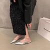 Sandálias Francesas Pretas Foscas Bico Fino Sapatos de Fada 2024 Novos Primavera e Verão Pontiagudos Prata Sapatos Mary Jane