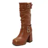 Fivela de Cinto Novo Estilo Europeu e Americano Botas de Cano Alto Arredondadas Salto Alto Grosso Botas para Boate Botas de Cavaleiro 40-48 Tamanho Grande Botas de Comércio Exterior