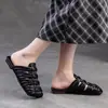 Sandalias de Diadema Tejida de Moda de Verano para Mujer, Suela Suave, Cómodas, Pantuflas Cuadradas Retro para Mujer