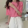 2026 Nuevo Estilo de Verano Suave Color Caramelo Estilo Coreano Cuello Redondo Tejido Camiseta de Manga Corta Top Versátil y Elegante para Mujer