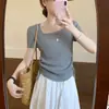 Camiseta Casual Elegante de Cor Sólida, Manga Curta, Gola Quadrada, Estilo Simples, com Cordões Laterais, Nova Versão Coreana Verão 2026