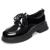 Zapatos de Cuero con Cordones, Punta Redonda, Estilo Británico, Suela Gruesa para Mujer, Mocasines Retro de Plataforma Negros, Zapatos de Tacón Grueso Profundos de Charol