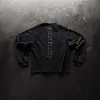 Sudadera Unisex de Manga Larga Negra Metálica Vintage Desgastada con Remaches y Logo Sencillo de Diablo, Mangas Raglán, Estilo High Street Americano