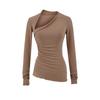 Camiseta de Manga Larga con Diseño Sexy Asimétrico de Hombro Caído Estilo Pura Pasión Otoño Nueva Ajustada con Pliegues Top Básico para Mujer