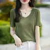 Nova Camiseta Feminina de Linho Tencel com Gola U, Manga Curta, Textura Listrada, Modelagem Slim, Amiga da Pele, Respirável, Simples, Camada Base