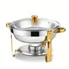 Fogão de Buffet Transfronteiriço de Aço Inoxidável com Suporte, Fogão Isolado, Fogão a Álcool Redondo Dourado de Restaurante, Aquecedor de Alimentos
